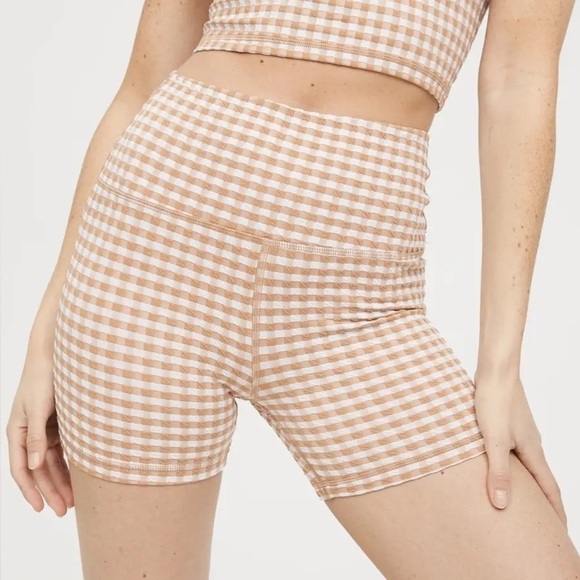 aerie Pants - aerie Gingham High-Rise Bike Shorts - Beige & White